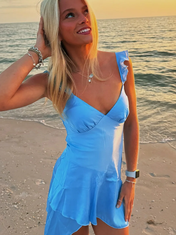 A-Line Straps V-Neck Satin Sleeveless Short Homecoming Dress