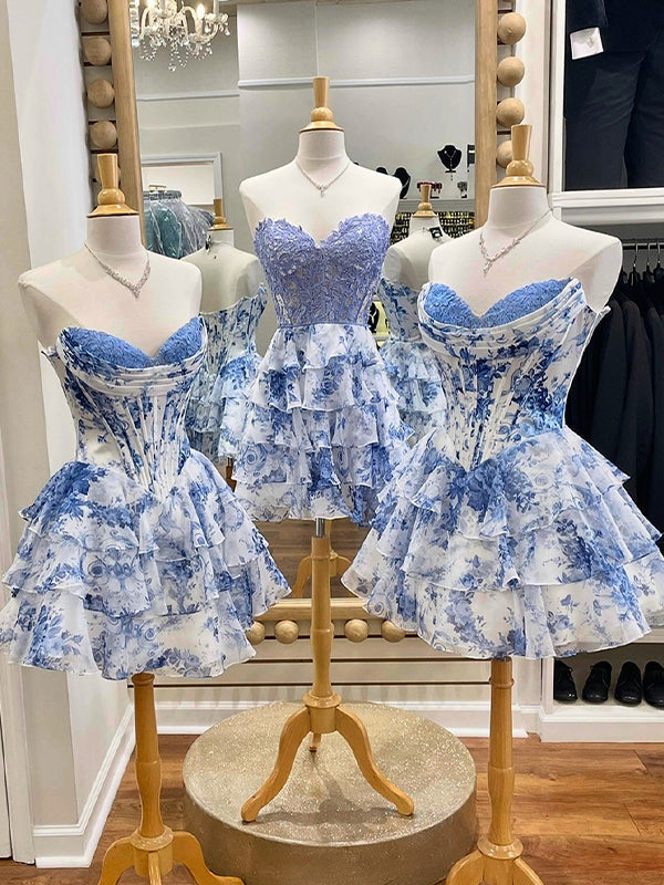 A-Line Sweetheart Strapless Appliquues Tiered Homecoming Dress