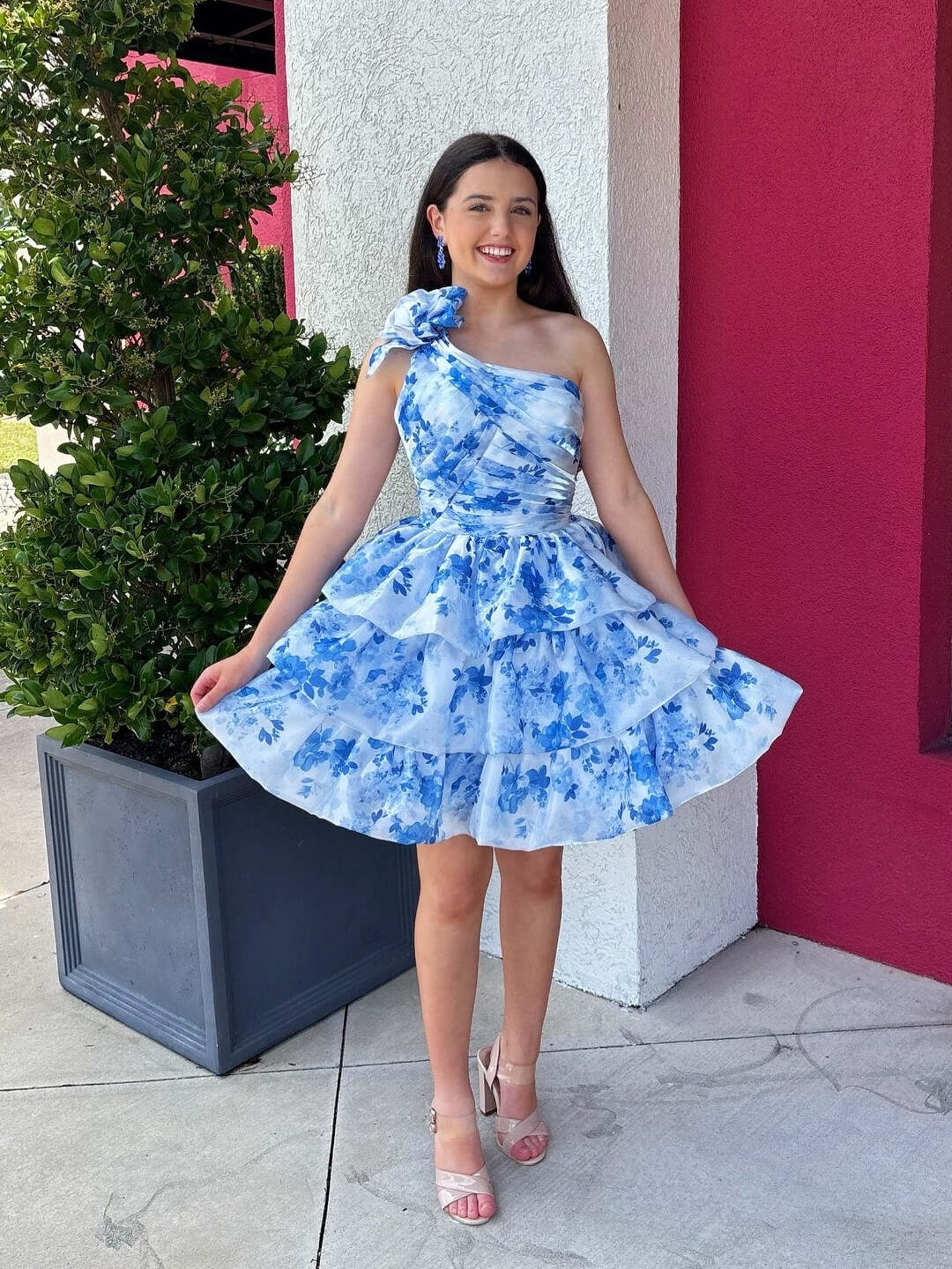 A-Line One-Shoulder Printed Short Homecoming Dress with 3D Flowers - FashionDia