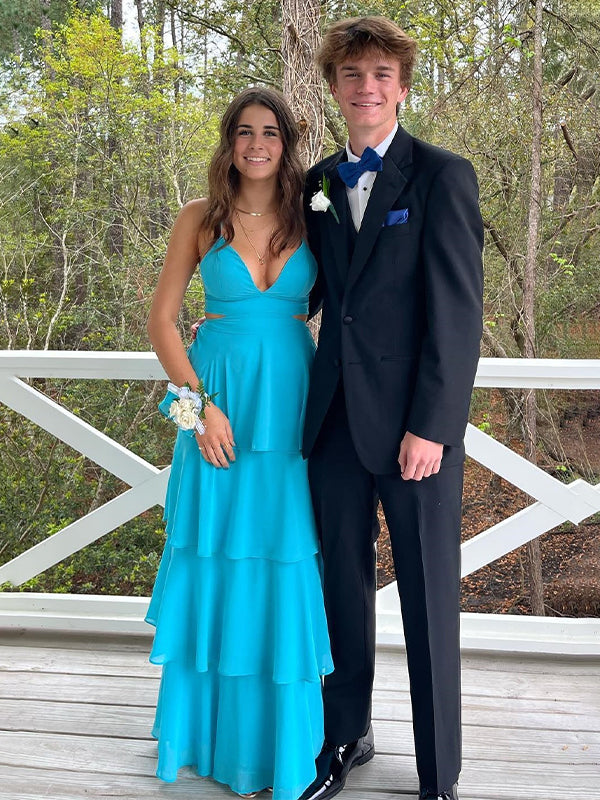 Blue A-Line V-Neck Tiered Long Prom Dress with Cut-out - FashionDia