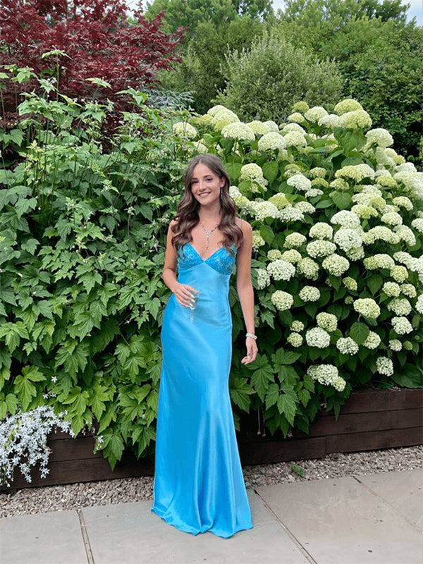 Blue A-Line V-Neck Beaded Back Tie Long Prom Dress - FashionDia