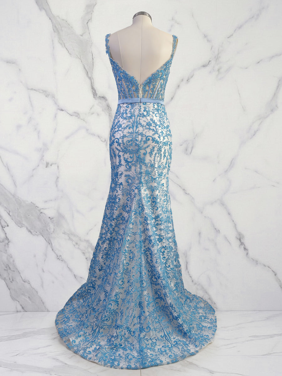 Blue Floral Mermaid Sweetheart Spaghetti Straps Long Corset Prom Dress