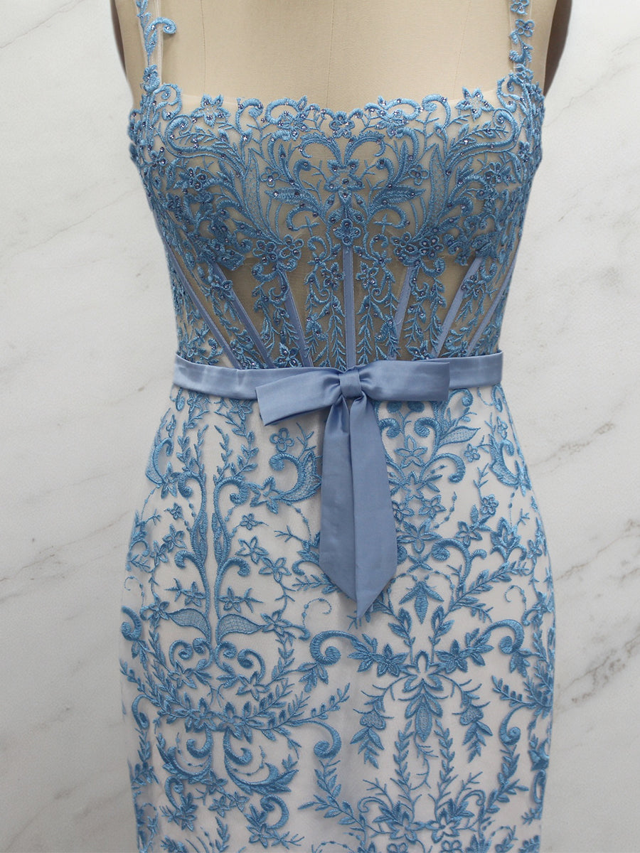 Blue Floral Mermaid Sweetheart Spaghetti Straps Long Corset Prom Dress