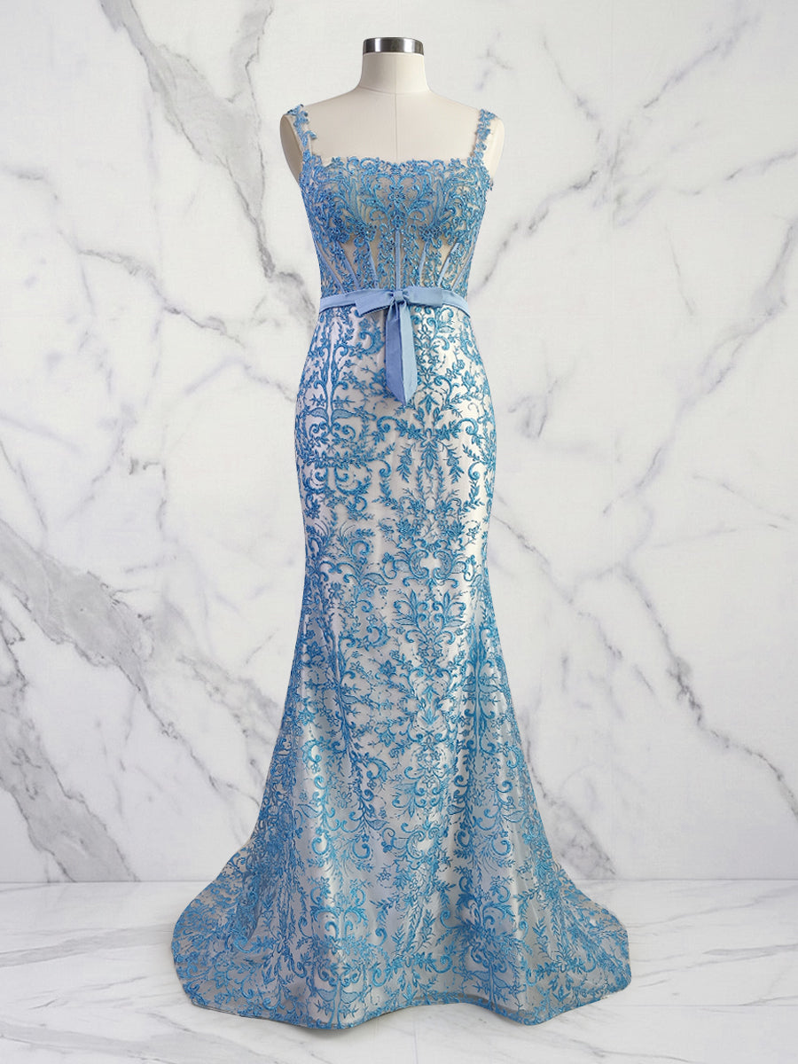 Blue Floral Mermaid Sweetheart Spaghetti Straps Long Corset Prom Dress