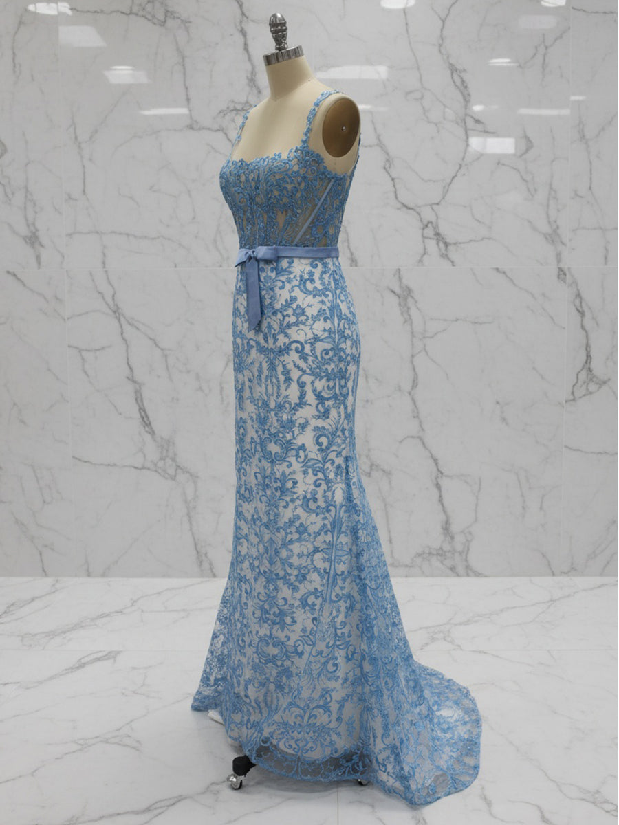 Blue Floral Mermaid Sweetheart Spaghetti Straps Long Corset Prom Dress