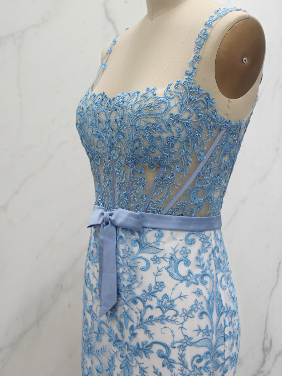 Blue Floral Mermaid Sweetheart Spaghetti Straps Long Corset Prom Dress