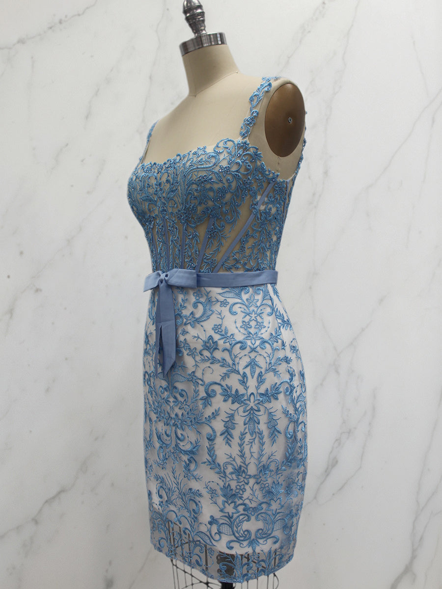 Blue Floral Off-Shoulder Lace Bodycon Homecoming Dress with Bow