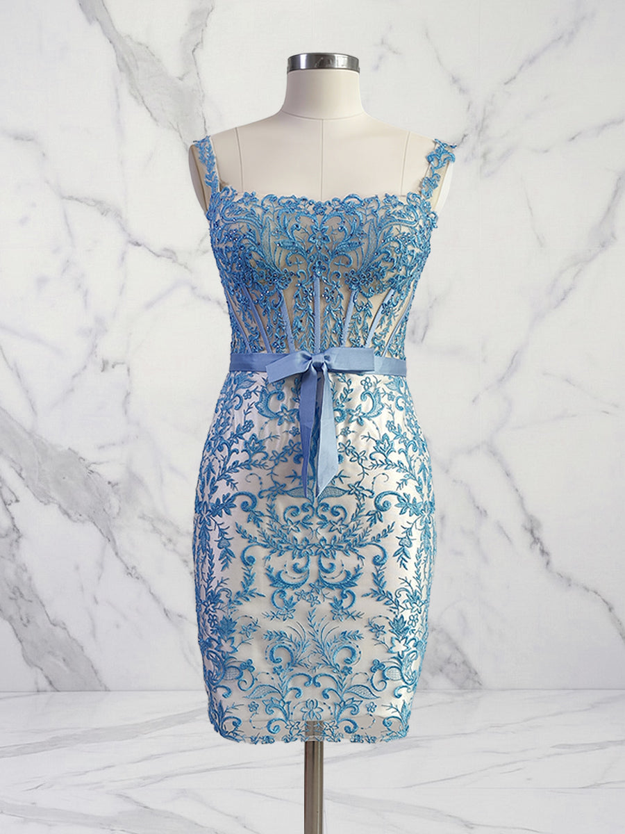 Blue Floral Off-Shoulder Lace Bodycon Homecoming Dress with Bow