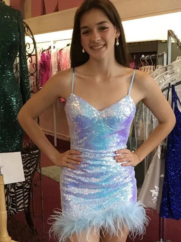 Glitter V-Neck Spaghetti Straps Fully Sequins Homecoming Dress - FashionDia