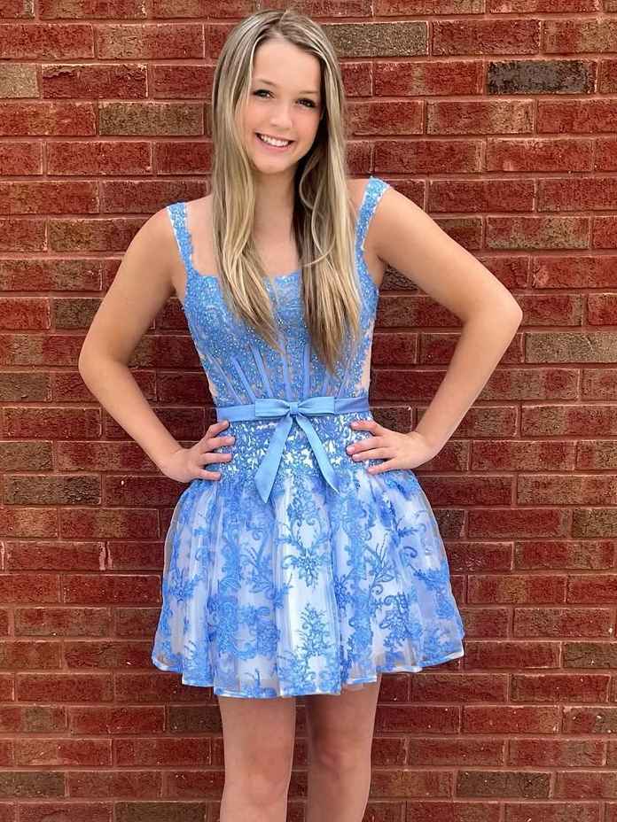 Print A Line Floral Corset Homecoming Dress With Bow