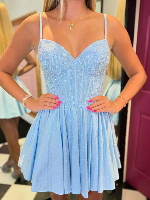 Glitter A-Line Spaghetti Straps Short Homecoming Dress with Beaded