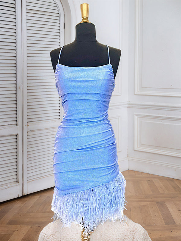 Spaghetti Straps Tight Homecoming Dress with Feathers