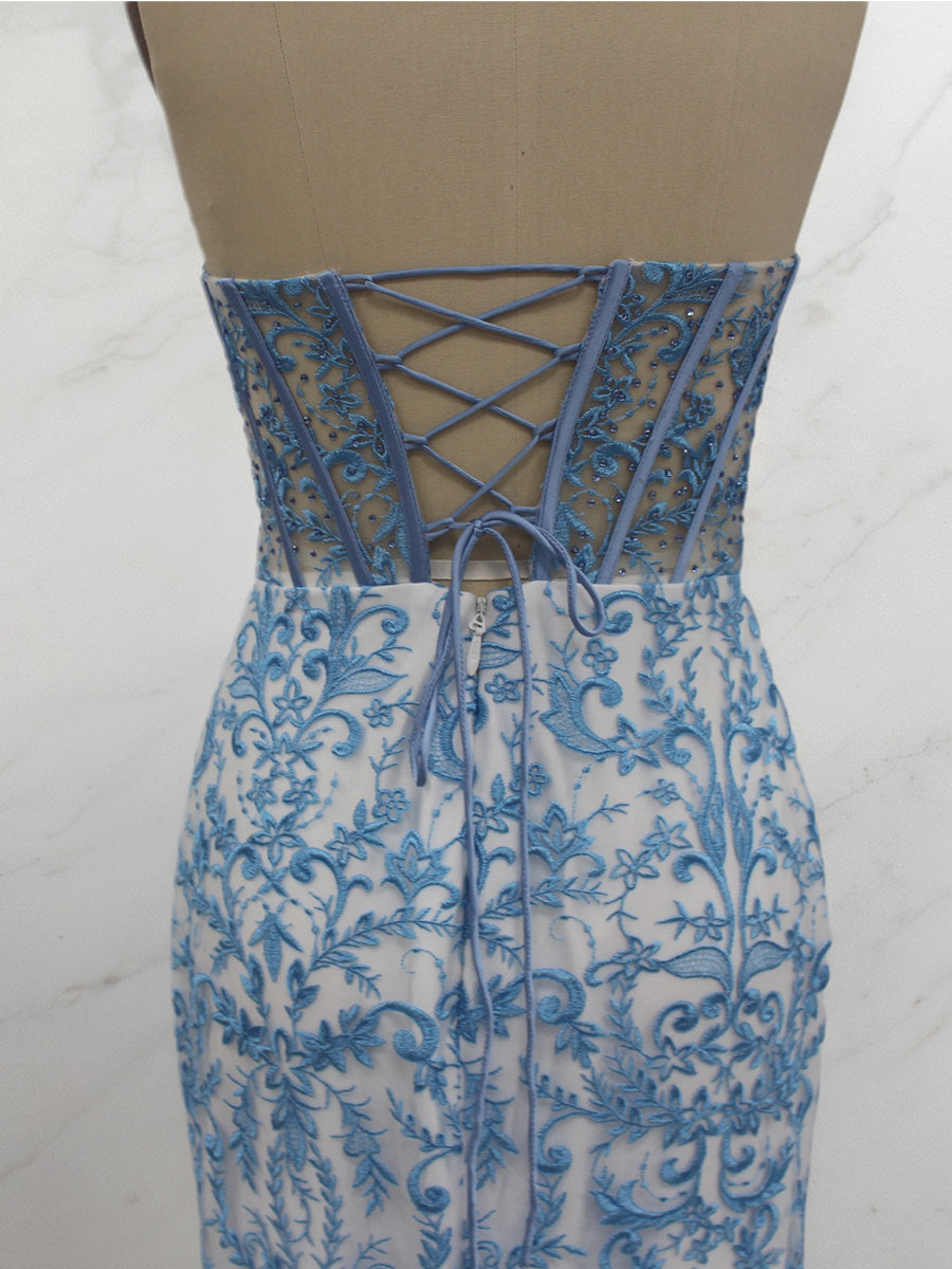 Blue Floral Strapless Pearl Beaded Ruched Long Corset Prom Dress