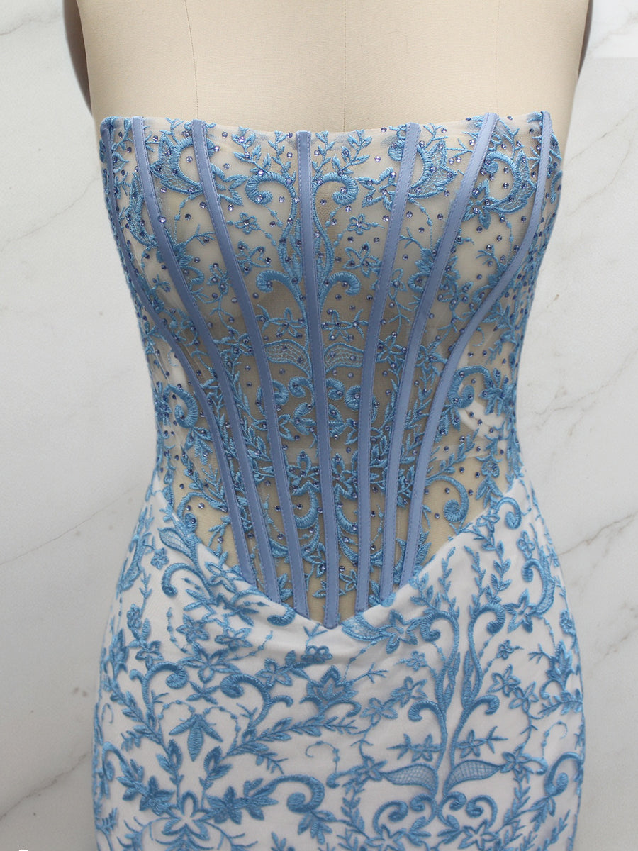 Blue Floral Strapless Pearl Beaded Ruched Long Corset Prom Dress
