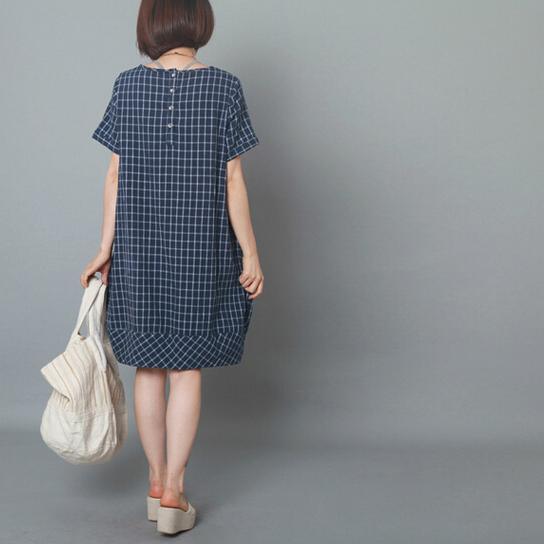 Blue plaid oversize sundress cotton summer shift dresses
