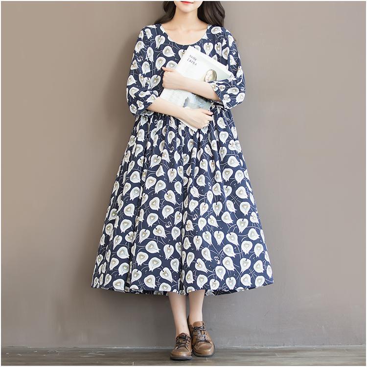 Blue print floral chiffon maxi dress oversize sundress summer half sleeve dress