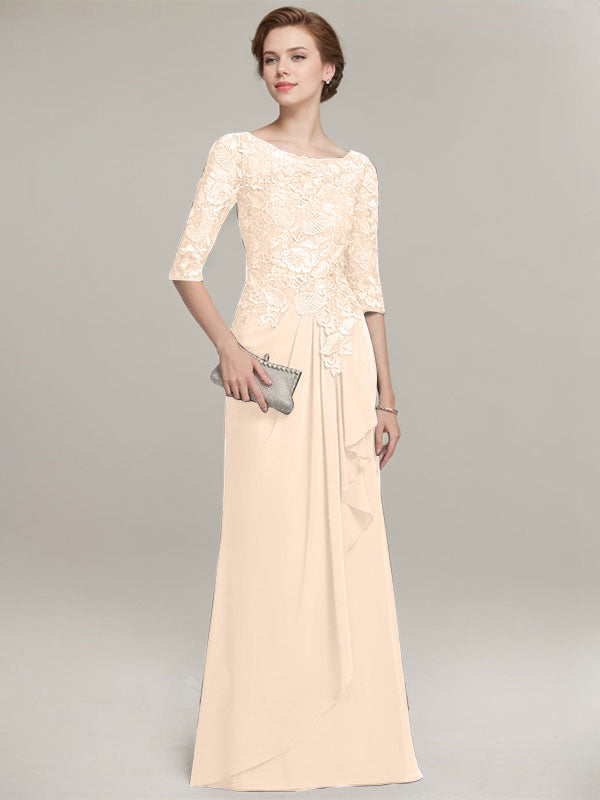 A-line Scoop Illusion Floor-Length Lace Chiffon Mother of the Bride Dress With Cascading Ruffles