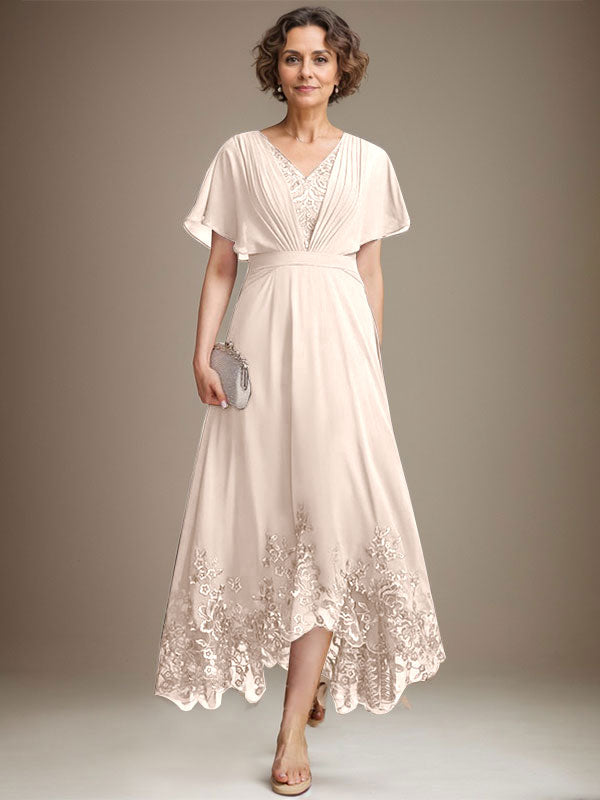 A-line V-Neck Asymmetrical Lace Chiffon Mother of the Bride Dress With Pleated - View 10 | FashionDia