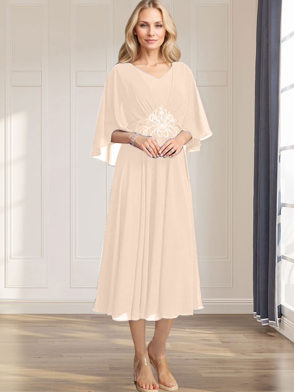 A-line V-Neck Tea-Length Chiffon Mother of the Bride Dress With Pleated Sequins Appliques Lace Beadind - View 11 | FashionDia