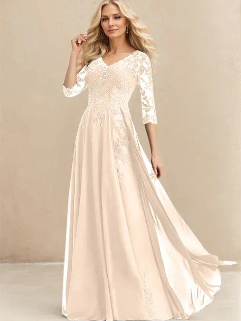 A-line V-Neck Floor-Length Lace Chiffon Mother of the Bride Dress With Sequins - View 9 | FashionDia