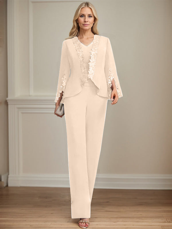 Separates Jumpsuit/Pantsuit V-Neck Floor-Length Chiffon Mother of the Bride Dress - View 12 | FashionDia