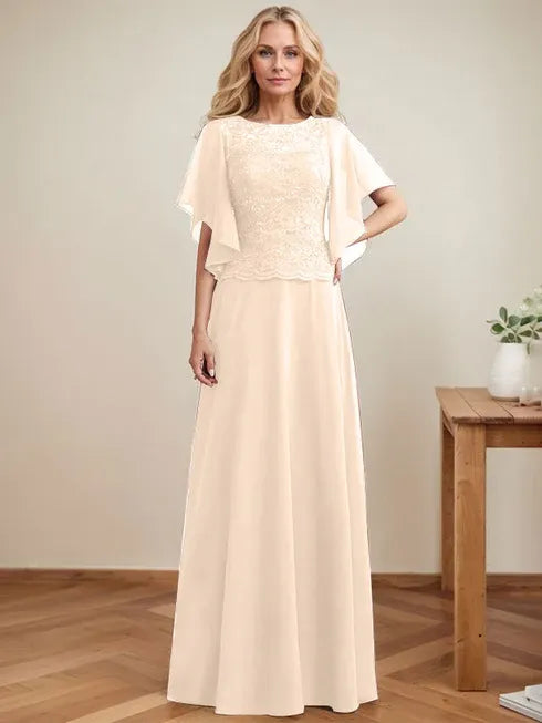 A-line Scoop Illusion Floor-Length Lace Chiffon Mother of the Bride Dress With Sequins - View 11 | FashionDia