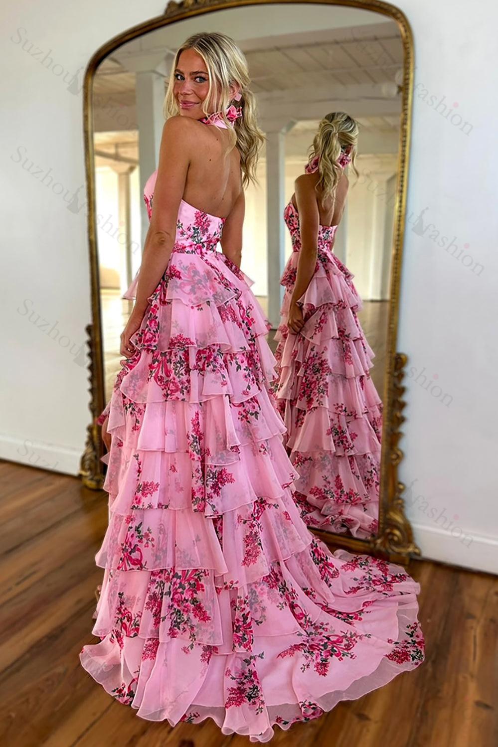 Blush Prom Dress Floral Ruffled Halter Formal Dress With Slit
