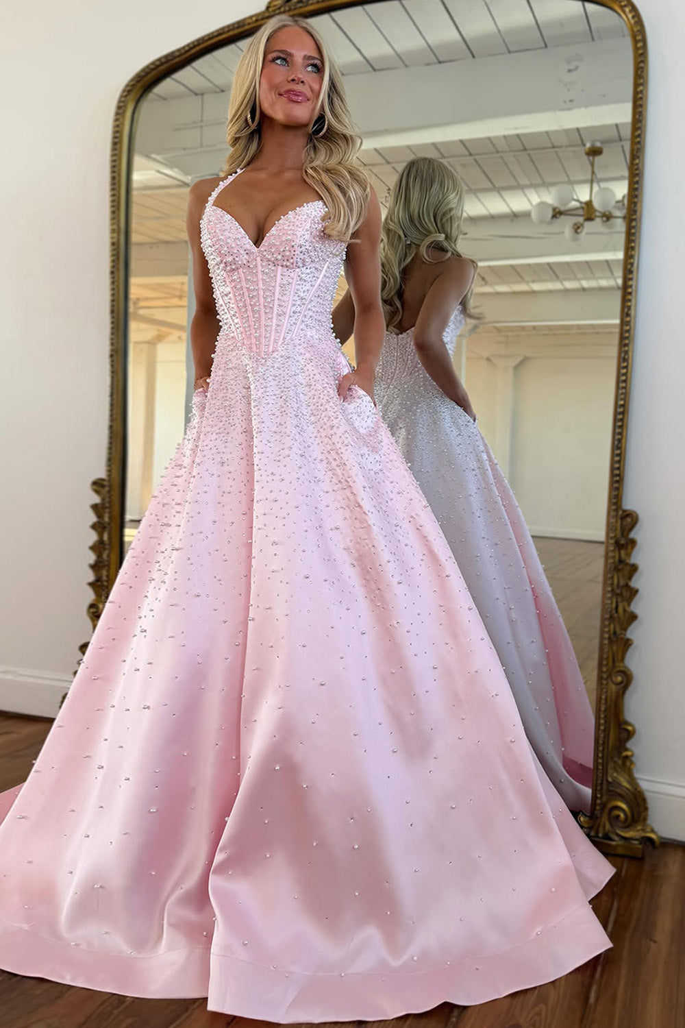 Stunning Pink Halter Corset Pearl Prom Dress with Beaded Bodice & Full Skirt