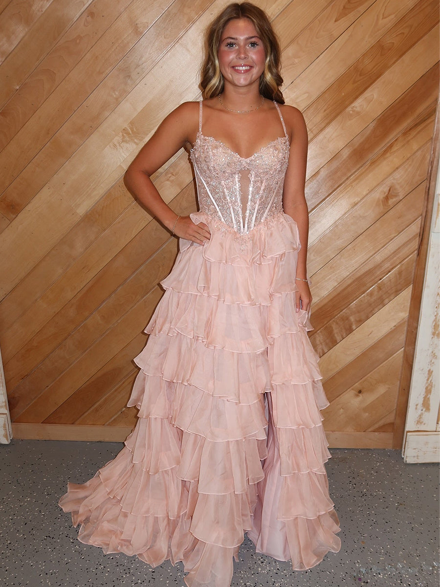 Blush Pink A-Line Beaded Corset Tiered Ruffle Prom Dress - FashionDia