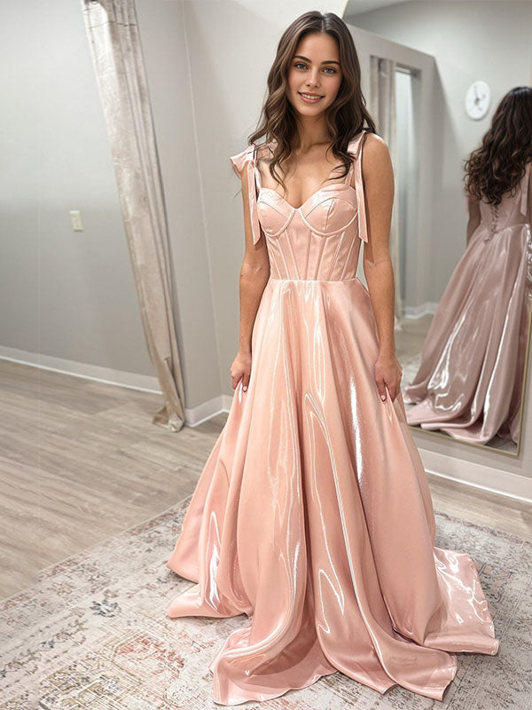 Blush Pink A-Line Satin Corset Prom Dress with Bow Straps - FashionDia