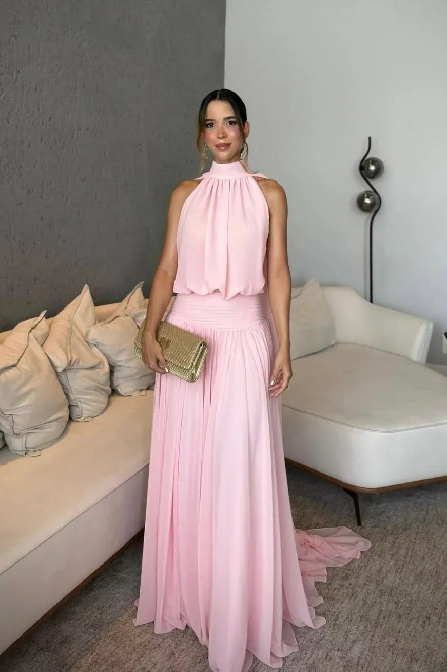 Blush Pink Chiffon Halter Neck Open Back Maxi Dress J10035