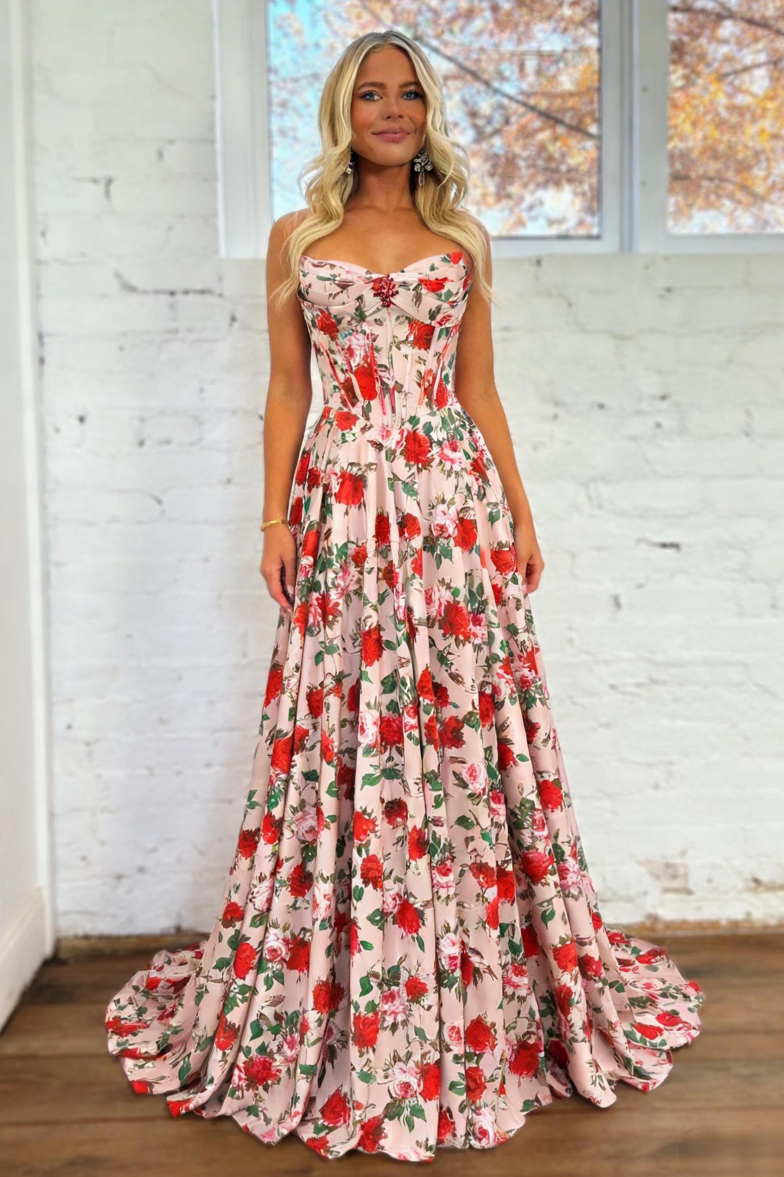 Pretty A Line Blush Pink Floral Sweetheart Corset Prom Dress with Lace Up Back