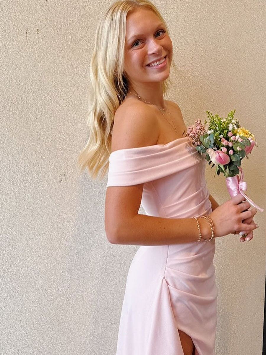 Blush Pink Off-the-Shoulder Crepe Prom Dress with Ruffled High Slit - View 3 | FashionDia