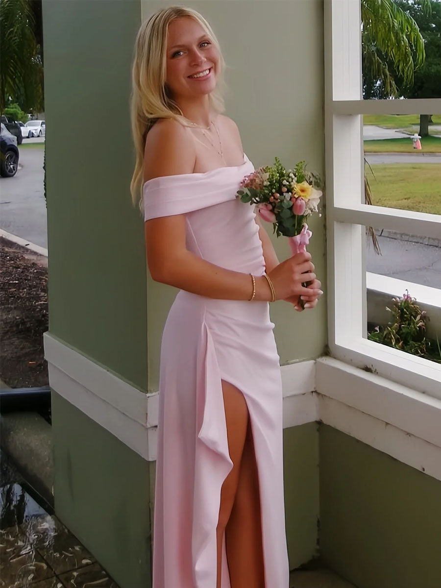 Blush Pink Off-the-Shoulder Crepe Prom Dress with Ruffled High Slit - View 2 | FashionDia