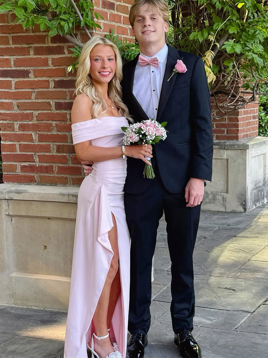 Blush Pink Off-the-Shoulder Crepe Prom Dress with Ruffled High Slit - FashionDia