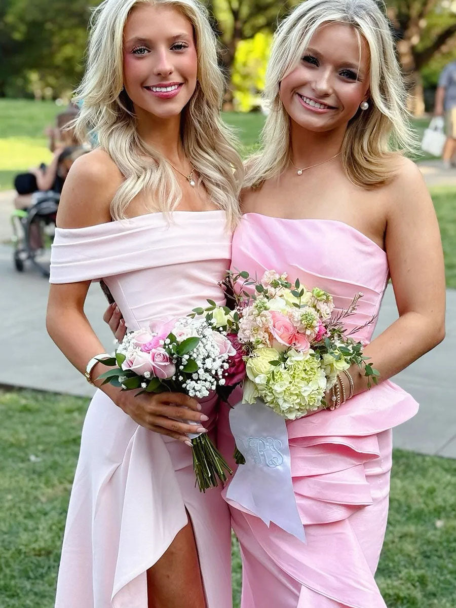 Blush Pink Off-the-Shoulder Crepe Prom Dress with Ruffled High Slit - View 4 | FashionDia