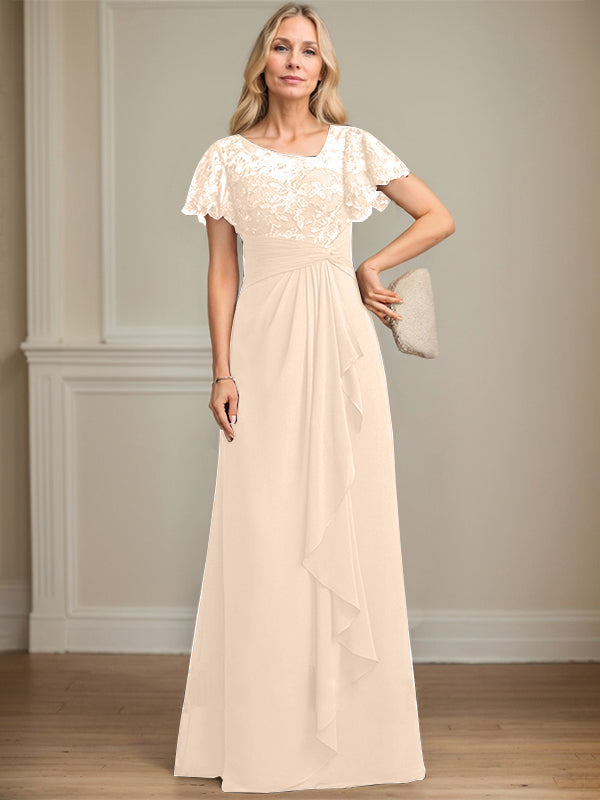 A-line Asymmetrical Illusion Floor-Length Lace Chiffon Mother of the Bride Dress With Cascading Ruffles Sequins - View 11 | FashionDia