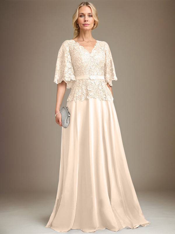 A-line V-Neck Floor-Length Chiffon Lace Mother of the Bride Dress With Crystal Brooch Rhinestone - View 11 | FashionDia
