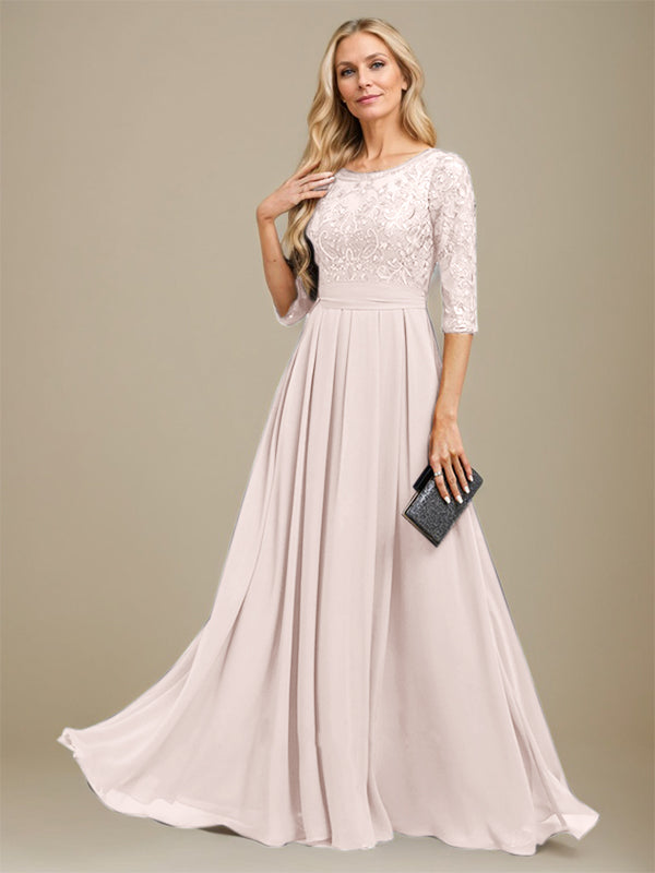 A-Line Scoop Floor-Length Lace Chiffon Mother Of the Bride Dress With Sequins Applique - View 11 | FashionDia