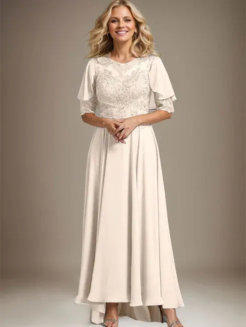 A-line Scoop Illusion Asymmetrical Chiffon Lace Mother of the Bride Dress With Beading - View 11 | FashionDia