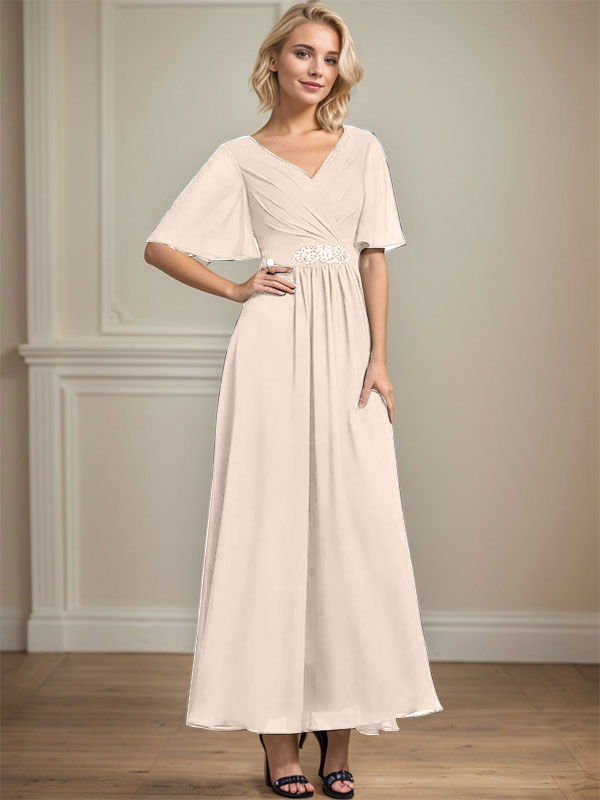 A-line V-Neck Ankle-Length Chiffon Mother of the Bride Dress With Pleated Beading Sequins - View 13 | FashionDia