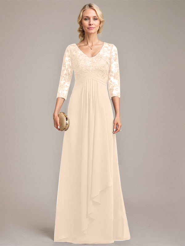A-line V-Neck Floor-Length Lace Chiffon Mother of the Bride Dress With Cascading Ruffles Sequins - View 11 | FashionDia