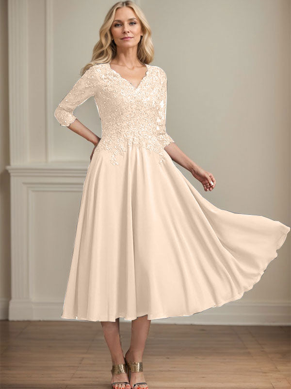 A-line V-Neck Tea-Length Chiffon Lace Mother of the Bride Dress With Beading Sequins - View 13 | FashionDia