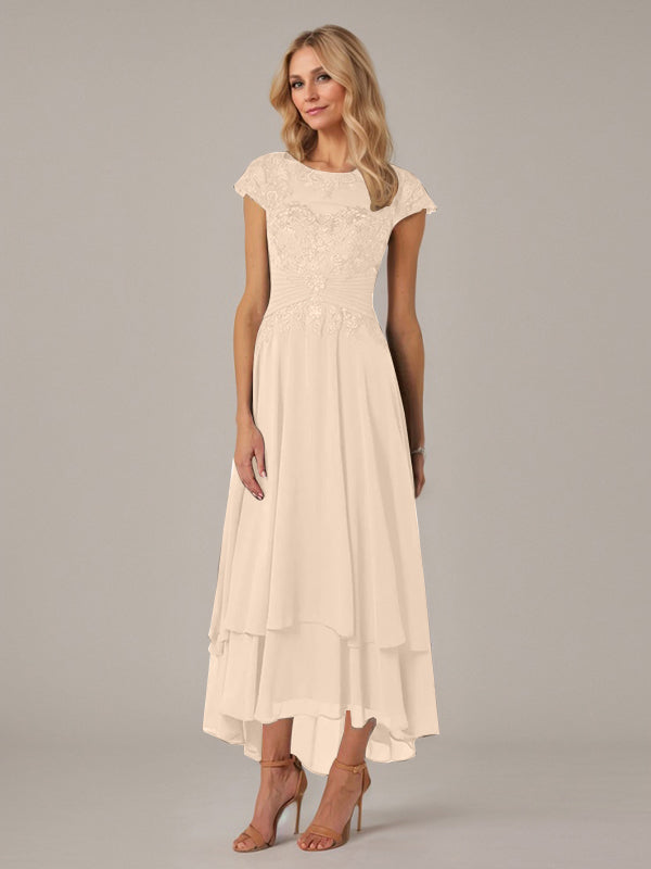 A-line Boat Neck Illusion Asymmetrical Chiffon Lace Mother of the Bride Dress With Applique Pleats - View 12 | FashionDia