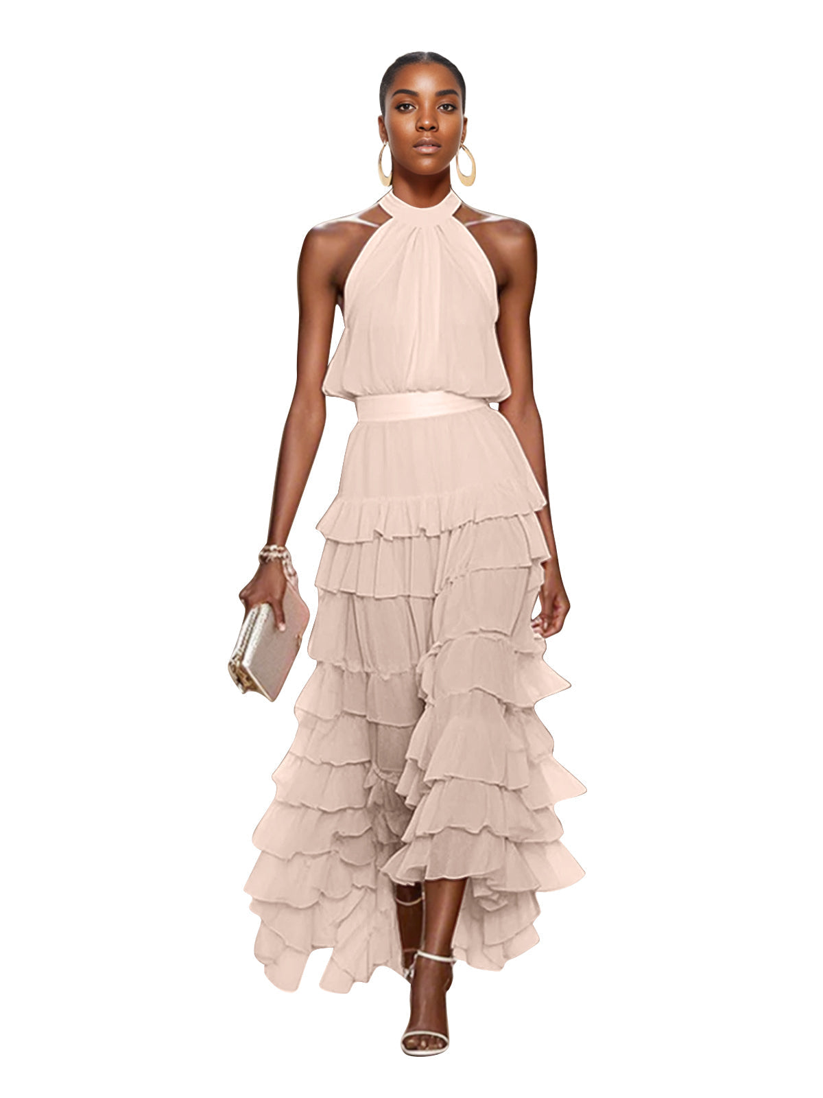 A Line Pink Chiffon Halter Neck Sleeveless Ankle Length Dress With Cascading Ruffles