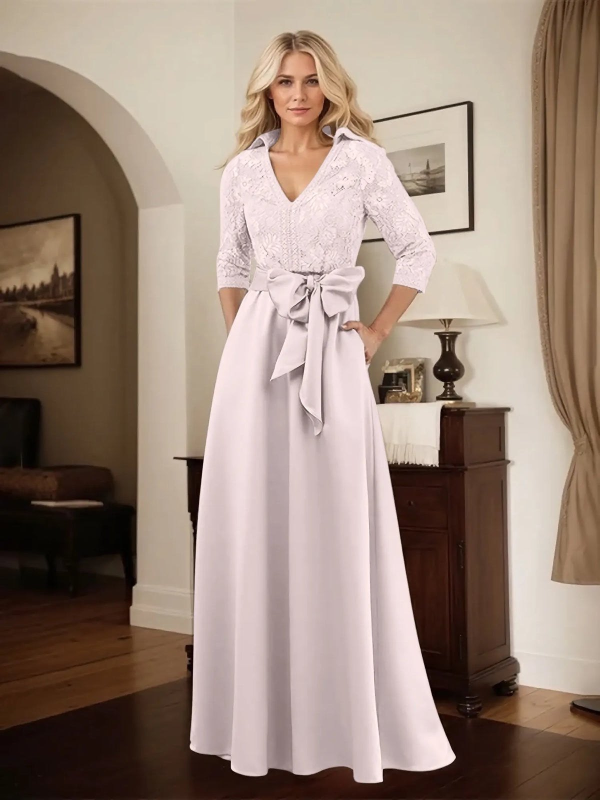 Classic V-Neck Bow Accented Satin Mother Of The Bride Dress With Lace - View 7 | FashionDia