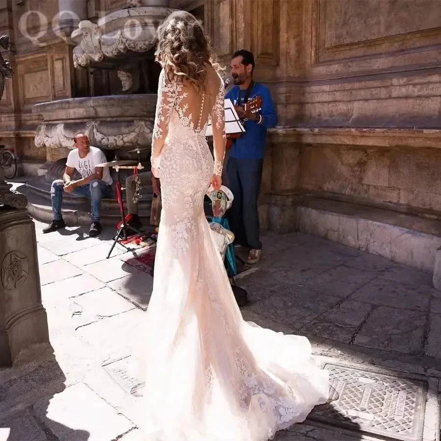 BoHo Mermaid Wedding Dress Sexy V-neck Vestidos De Novia Appliques Long Sleeves Vestido De Noiva Elegant Lace Robe De Mariée (ZD14033)