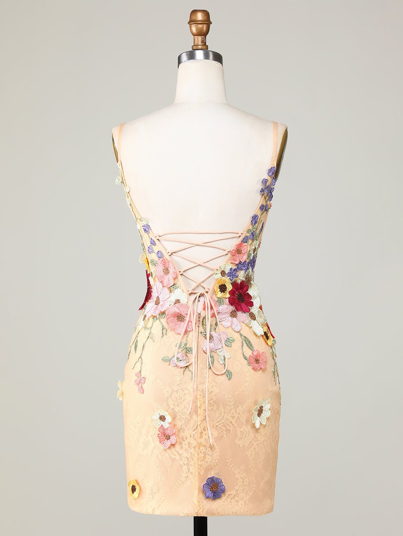 Deep V-Neck Champagne Short Homecoming Dress with 3D Flowers - Fashionpara