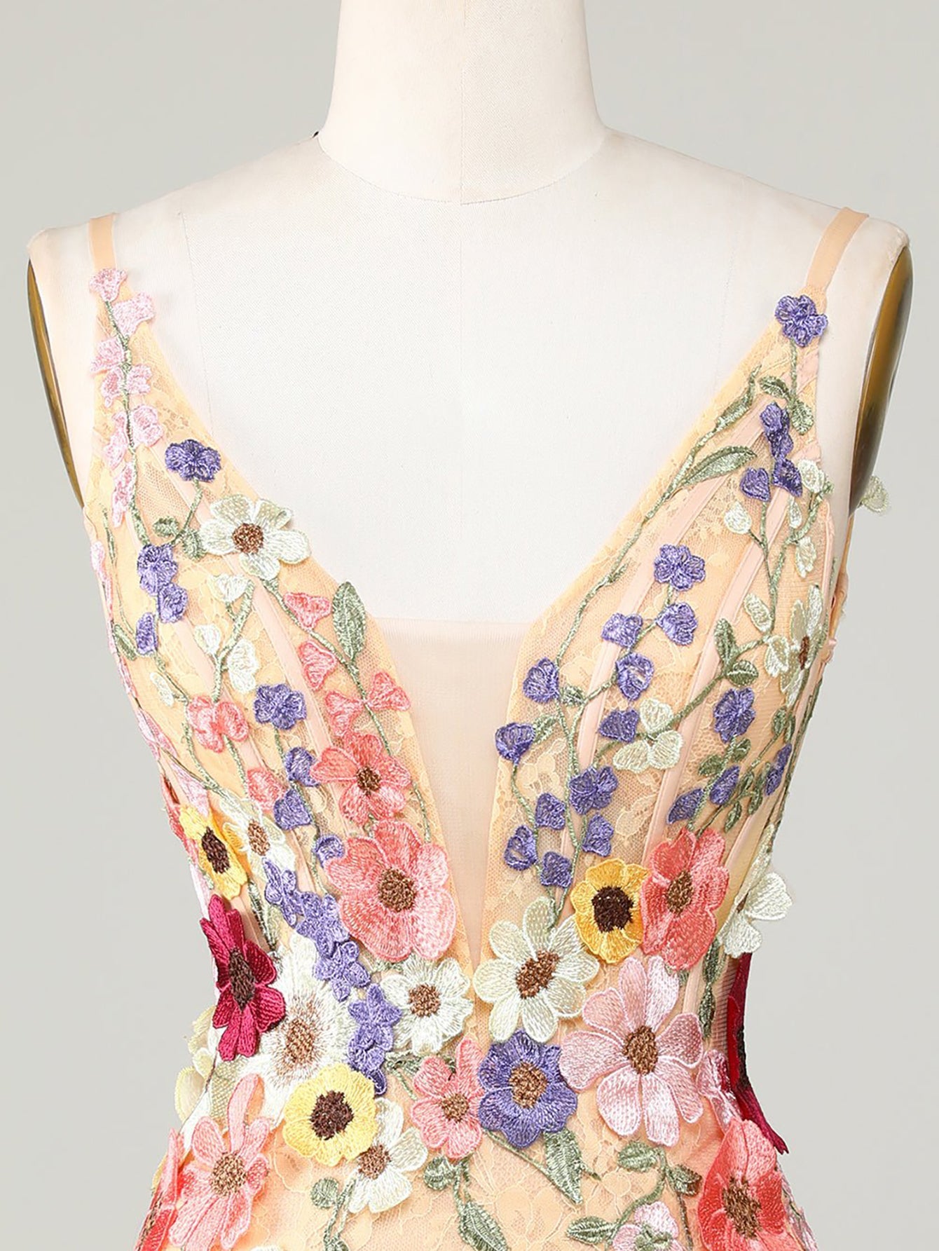 Deep V-Neck Champagne Short Homecoming Dress with 3D Flowers - Fashionpara