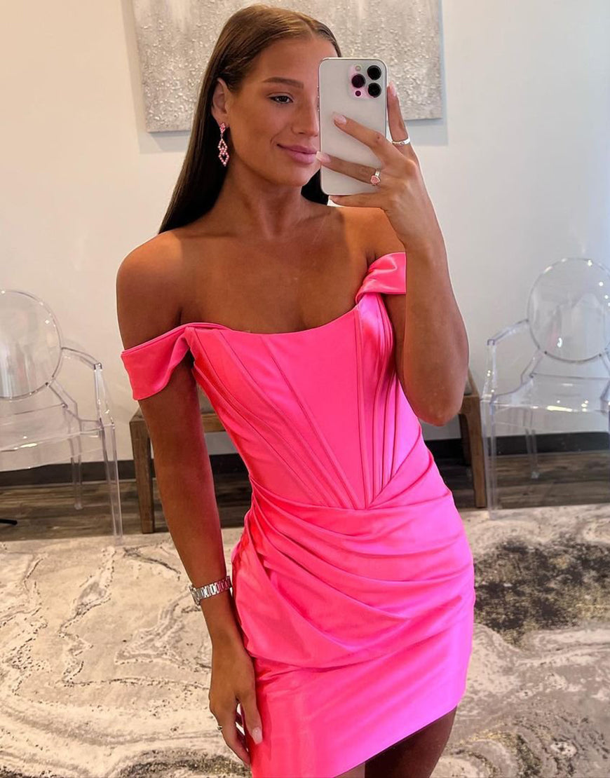 Bodycon Off The Shoulder Short Satin Homecoming Dress With Pleating